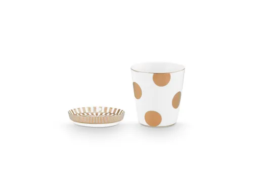 PiP Studio Tasse Dot Delight Tasse ohne Henkel & Teeablage weiß-gold 230ml, Porzellan
