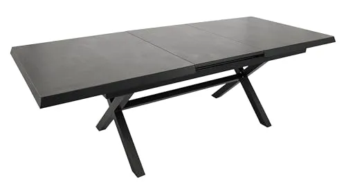 DEGAMO Gartentisch Almada XL - Ausziehtisch für 10-12 Personen - Esstisch aus pulverbeschichtetem Aluminium in anthrazit mit Sicherheitsglasplatte in Keramikoptik, ideal für Outdoor-Bereiche und ausziehbar von 180cm auf 240cm.