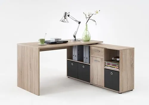 möbelando Schreibtisch LEXO/LEX in Eiche Dekor - Schreibtisch mit großzügiger Arbeitsfläche von 135,7x74,2x135,7cm, bietet viel Stauraum und ist nachhaltig hergestellt. Perfekt für ein stilvolles Home Office.
