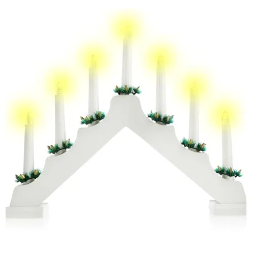 com-four® LED Schwibbogen mit Timer-Funktion als Weihnachtsbeleuchtung 39x31 - Kerzenbrücke mit 7 LEDs - Lichterbogen Pyramide aus Holz - Fensterleuchter, Fensterbogen (1 Stück - klassisch)