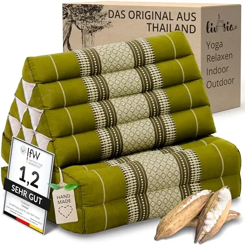 livasia Thaikissen mit 2 Auflagen - 120x50x8cm - Faltbares Dreieckskissen mit Kapok - Genießen Sie entspannte Momente mit dem livasia Thaikissen. Handgefertigt und platzsparend klappbar, ist es ideal für Yoga, Meditation oder gemütliche Abende im Freien. Das Kissen bietet eine bequeme Rückenstütze und vereint Funktionalität mit traditionellem Design.