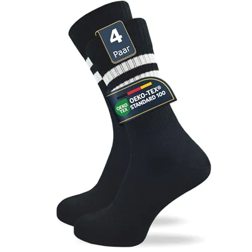Tennissocken für Herren (4 Paar) | sehr hochwertige Sportsocken | Retro Socken mit verstärkter Ferse und Spitze (as3, numeric, numeric_39, numeric_42, regular, regular, schwarz + Retro Ringel, 39-42)