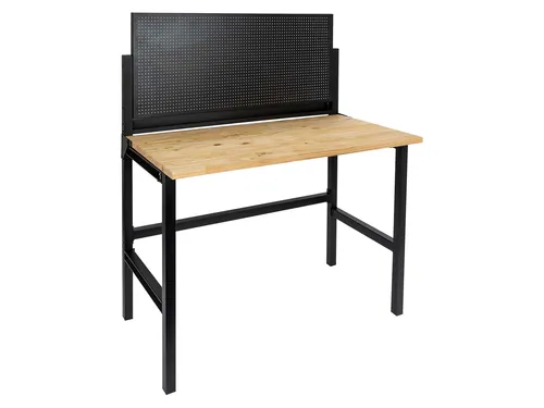 rikta Klappbare Werkbank | Freistehender Werktisch mit 150 kg Belastbarkeit - Werkbänke für Garage, Keller und Werkstatt. Inkl. Lochwand und Haken-Set. Stabile 25 mm FSC Massiv-Arbeitsplatte für optimale Arbeitshöhe von 85 cm.