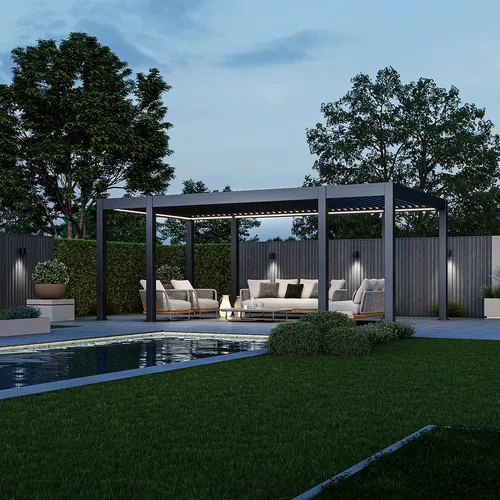 Prestige Pavillon Alu LED 3,6 x 6,57 M – Modern und Funktional - Eleganter Aluminium-Pavillon mit elektrischem Dach und LED-Beleuchtung. Ideal für stilvolle Außenbereiche, witterungsbeständig und leicht verstellbar für optimalen Komfort.