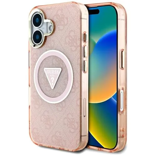 CG MOBILE Guess IML Metal Glitter Hülle für iPhone 16 - Rosa - Standard Handyhüllen mit stylischem Metall-Glitzer-Design, kompatibel mit MagSafe und aus robustem TPU/PC für optimalen Schutz.