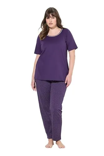 Ulla Popken Damen Plus Size Pyjama Punkte Rundhalsausschnitt Halbarm aubergine 42+ - Bequemer Pyjama in Übergrößen mit einem einfarbigen Shirt und gepunkteter Hose. Ideal für entspannte Nächte dank elastischem Bund und praktischen Seitentaschen.