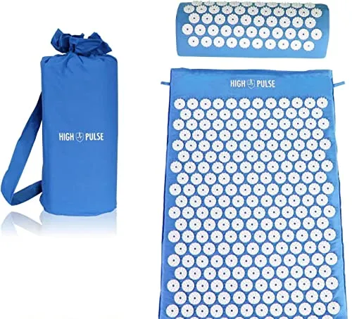 High Pulse Akupressur Set + 5 Ringe + Poster – Akupressurmatte & Kissen stimuliert die Blutzirkulation und löst Verspannungen (Blau)