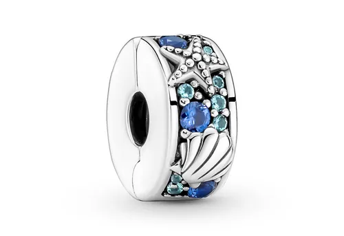Pandora 791678C01 Silber Clip Tropischer Seestern & Muschel - Charm aus poliertem 925 Sterlingsilber, verziert mit hellgrünen und blauen Kristallen, ideal als Stoppelement für Armbänder und bringt einen Hauch von tropischem Flair.