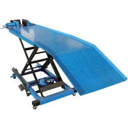 Motorrad Montagerampe GMR 360 Güde - Werkstatteinrichtung - Robuste Vollstahl-Rampe mit Scherenhubtechnik, für Zweiräder bis 360 kg. Bequemes Heben und Senken mittels Fußhebel, ideal für Wartungsarbeiten.