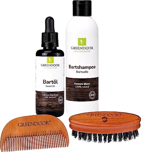 GREENDOOR Bartpflege-Set BERLIN, SPARPREIS - Bartpflege-Set mit Natur Bartseife, Bio Bartöl, Bartbürste aus Birnbaumholz und Holz-Kamm. Ideal für natürliche Pflege und perfekten Bart-Look.