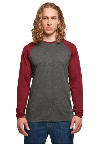 Build Your Brand Herren T-Shirt Contrast Raglan Longsleeve Charcoal/Cherry XS