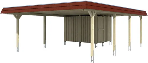 Doppelcarport SKAN HOLZ Wendland mit roter Blende - Robuster Doppelcarport mit Flachdach, inklusive Pfostenanker und praktischem Abstellraum – ideal für die sichere Unterbringung von Fahrzeugen und Gartenutensilien.