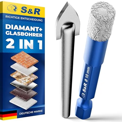S&R Professional 2-tlg Set 10 mm Diamantbohrer, Diamant Fliesenbohrer und Karbid Glasbohrer, Keramikbohrer, für Harte Keramik, Granit, Glas, Porzellan, Fliesen, Feinsteinzeug, Marmor, in robuster Box