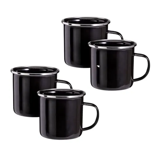4er Set Emaille Becher 350 ml Schwarz mit Griff Tasse Camping Kaffee Tee Kaffeebecher Kaffeetasse