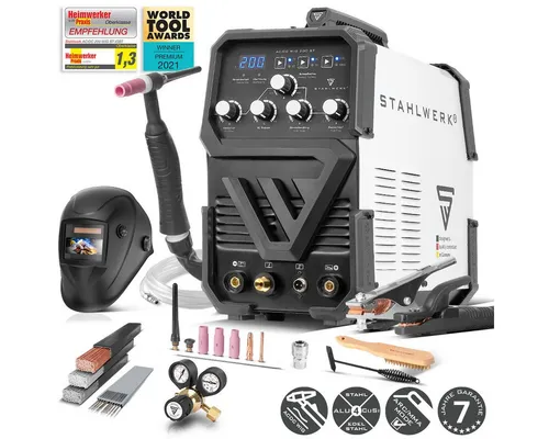 STAHLWERK Inverterschweißgerät AC/DC WIG 200 ST IGBT - Vielseitiges Kombi-Schweißgerät für WIG & ARC MMA, ideal für Stahl, Edelstahl und Aluminium, mit 7 Jahren Herstellergarantie und umfangreichem Zubehörset.