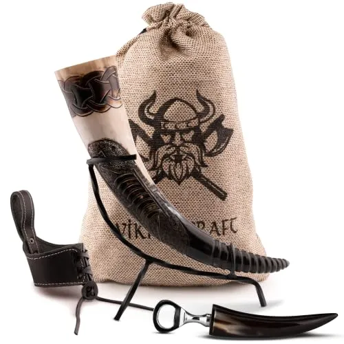 VIKING CRAFT Trinkhorn Wikinger 450 ml mit Ständer für Met & Wikinger Deko