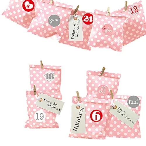 Frau WUNDERVoll® DIY Adventskalender zum Befüllen Bescherung: Set Punkt 145, Papiertueten flach 13x16,5cm, rosa Punkt, Ziffern rosa-rot