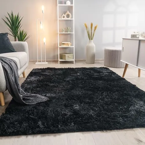 Paco Home Hochflor Teppich Wohnzimmer rutschfest Fellteppich Shaggy Flauschig Weich Modern Kunstfell Fell Imitat Einfarbig, Grösse:80x150 cm, Farbe:Schwarz