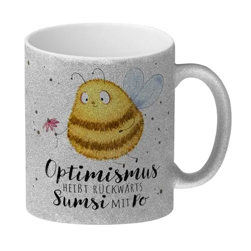 Pummel Biene Glitzer-Kaffeebecher mit Spruch Optimismus heißt rückwärts Sumsi mit Po eine bunte Tasse für die Arbeit Motiv Bienentasse Kaffeetasse Frauen Geburtstag lustige