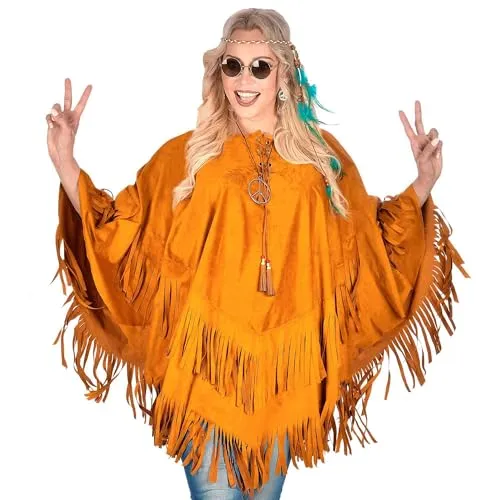 W WIDMANN MILANO Party Fashion Poncho - Kostüm-Outfit für Erwachsene, ideal für Fasching mit stylischem Poncho in Wildlederoptik und trendigen Fransen für das perfekte Hippie- oder Cowboy-Feeling.