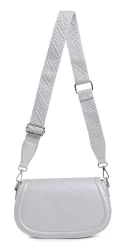 ITALYSHOP24 DAMEN TASCHE Crossbody Umhängetasche Bodybag Schultertasche Crossover Damentasche Brieftasche Handtasche Muster Taschengurt Brusttasche Reise Kunstleder Silber