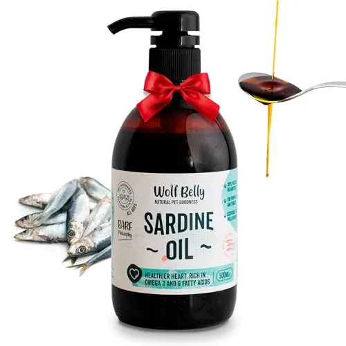 Wolf Belly - Sardinenöl für Hunde und Katzen 100% Natürlich (500 ml) Omega 3 und 6, EPA und DHA | Gesunde Haut und Glänzendes Fell | Starke Gelenke | Gesundes Immunsystem - Made in Europe