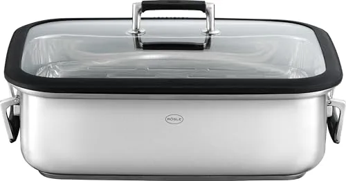 Rösle Bräter Silence Pro, Edelstahl, 9 L - Töpfe: Hochwertiger Bräter mit Silikonring, backofengeeignet und Dämpfeinsatz für vielseitiges Kochen und Braten.