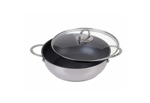 GRÄWE Servierpfanne Ø 28 cm - Edelstahl mit Antihaftbeschichtung - Edelstahl-Schmorpfanne Ø 28 cm mit langlebiger Antihaftbeschichtung, ideal für große Portionen und alle Herdarten. Inklusive Glas-Deckel und Schaumlöffel für müheloses Kochen.