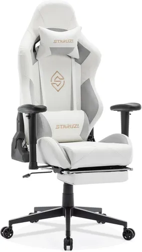 Gaming Stuhl Weiß Leder mit Fußstütze und verstellbaren Armlehnen