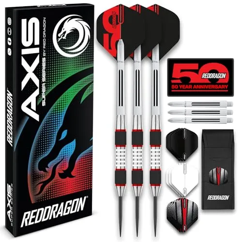 RED DRAGON Darts – Axis Rot Series 24g – 85% Wolfram - Profi Satz Dartpfeile Metallspitze mit Dart Flüge und Schäften