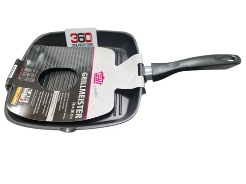 GSW 413251 Grillmeister Grillpfanne 28x28cm - Pfanne mit Grillboden und 2 Ausgüssen für fettfreies Braten von Fleisch und Gemüse, energiesparend durch optimalen FerroThermBoden, spülmaschinengeeignet und für alle Herdarten, inkl. Induktion.