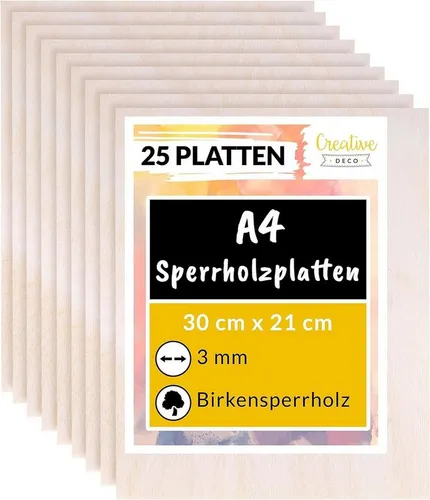 Creative Deco Bastelnaturmaterial 25 x A4 Sperrholzplatte 3 mm - Bastelzubehör aus hochwertigem Birkensperrholz, ideal für kreative Projekte und DIY-Ideen.