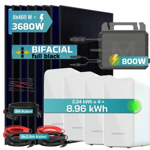 SUNNIVA® 3680W Balkonkraftwerk mit 8,96 kWh Speicher - Effizientes Balkonkraftwerk mit 8 Solarmodulen und Mikroinverter-Technologie. Ideal für Heim und Garten, bietet es eine zuverlässige Energiequelle mit geprüfter Qualität und korrosionsbeständigen Materialien.
