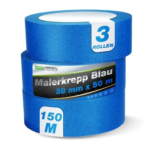 ToolSpace 3x Malerkrepp für präzise Farbkanten PROFI Kreppband 38 mm - 3 x 50m Abdeckband Blau Malertape Klebeband Malerband aus Krepp Streichen Lackieren Renovieren Selbstklebend Maler Abklebeband
