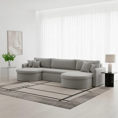Fun Möbel Wohnlandschaft Sofa FELIZ mit Schlaffunktion und Bettkasten - Grau - Stylische Wohnlandschaft mit Schlaffunktion, inklusive Bettkasten und Zierkissen. Ideal für gemütliche Abende und bietet Platz für die ganze Familie.