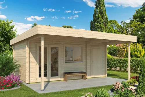 Fjordholz Gartenhaus Modell Kurt 44 D mit Vordach - Robustes Flachdach Gartenhaus aus massiver nordischer Fichte, ideal für Outdoor-Nutzung. Mit extra hohen Türen und Fenstern aus Isolierglas für optimalen Lichteinfall und Komfort. Individuelle Anpassungen möglich!