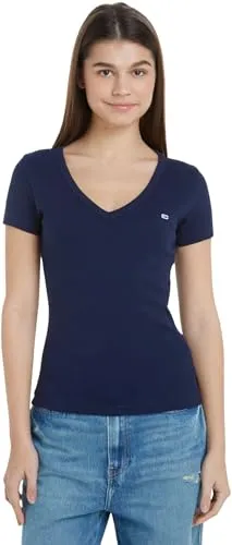 Tommy Jeans Damen Tjw Slim Essential Rib Kurzarmshirt, Blau, XL EU - T-Shirts für Damen mit Baumwoll-Stretch-Komfort, ideal für lässige Freizeitlooks. Figurbetontes Design mit Tommy Jeans Flag für einen modernen Streetwear-Stil.