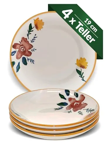 Lashuma Salatteller tief 19 cm Ø, Teller Pasta 4 Personen, Keramikteller bunt Blütenfest