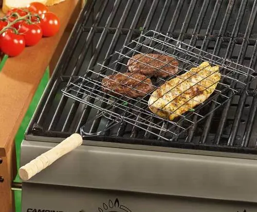 Fleischkorb für den Grill Metall mit Holz Griff Fleisch Grill Wender Korb Bräter