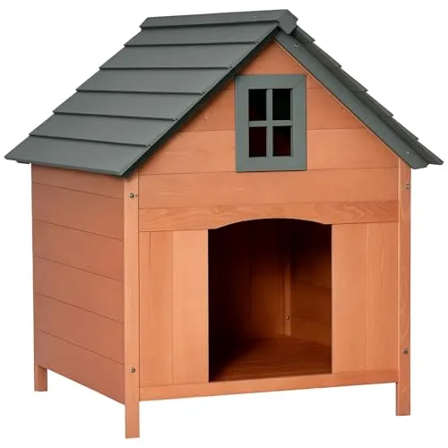 PawHut Hundehütte Outdoor Hundehaus Hundehöhle aus Holz Winterfest für mittelgroße Hunde Natur 81,3 x 91,5 x 98,5 cm