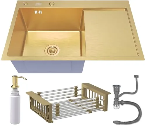 Einspülbecken mit Abtropffläche 78x50L Gold - Elegantes Einbeckenspüle in Satin Gold, aus robustem Edelstahl, mit praktischen Zubehörteilen für eine stilvolle und funktionale Küchengestaltung.