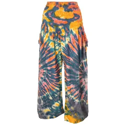 GURU SHOP Farbenfrohe Batikhose - Boho Palazzohose in Petrol für Damen - Luftige Sommerhose mit weitem Bein, hohem Bund und einzigartiger Hand-Batik. Flexibler, breiter elastischer Bund sorgt für perfekten Sitz. Jede Hose ist ein Unikat!