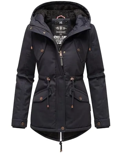 MARIKOO Damen Winterjacke Manolya Blue with Black Fur XXL - Funktionsjacke für den Winter mit kuscheligem Teddyfell-Futter, modischen kupferfarbenen Details und anpassbarer Passform - ideal für kalte Tage!