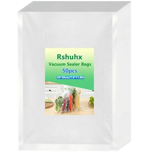 Rshuhx Vakuumierbeutel 20x30cm 50 Beutel 200µm Vakuumbeutel für Lebensmittel für alle Vakuumiergerät und Sous Vide Geeignet Gefrierbeutel BPA-frei für Fleisch Vegetarisch Kühlschrank Haushaltsküche