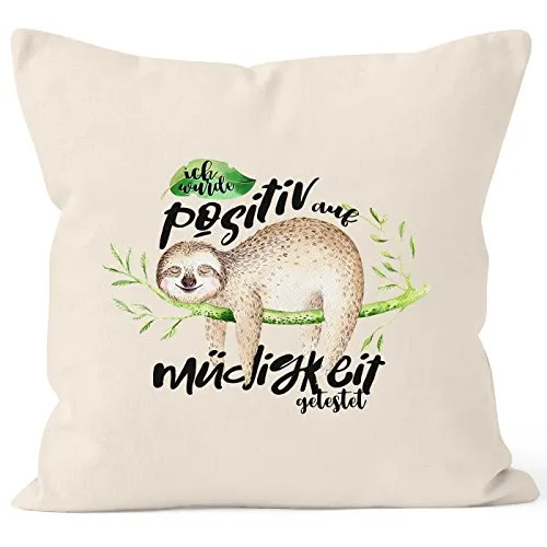 MoonWorks Kissenbezug Faultier Faultier Ich wurde positiv auf Müdigkeit getestet Sloth Kissen-Hülle Deko-Kissen 40x40 Baumwolle Natur 40cm x 40cm