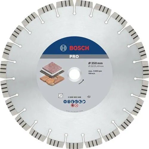 Bosch Accessories 2608602648 Diamanttrennscheibe 350mm - Werkzeugteil für schnelle Schnitte in Stein, mit robusten 15 mm Diamantschneidesegmenten für hohe Geschwindigkeit und Effizienz.