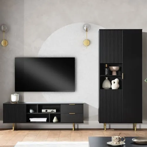 Lomadox Wohnmöbel Set 3-teilig in matt schwarz - Moderne Wohnwand aus hochwertiger Qualitätsspanplatte, mit stilvollen Rillenfronten und goldfarbenen Metallgriffen. Softclose-Funktion für Türen und Schubladen sorgt für leises Schließen.