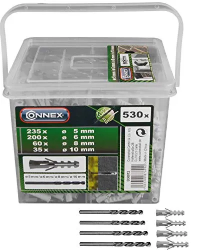 Connex Dübel-Sortiment 530-teilig - Polypropylen - Diverse Größen im Set (Ø 5 / 6 / 8 / 10 mm) - Für Befestigungsarbeiten in Vollstein & Beton - Inkl. Bohrer / Dübel-Set / Universaldübel / B30012
