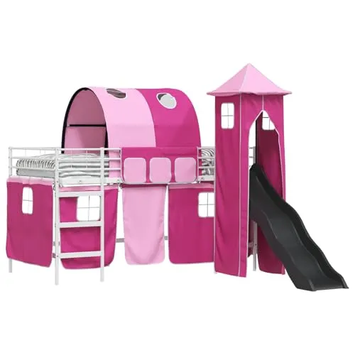 vidaXL Kinderloftbett Weiß und Rosa 107 x 200 cm Metall, Hochbett für Kinder, rechteckig, modernes multifunktionales Bett, Schlaf- und Spielplattform für Kinder, Etagenbettrahmen