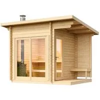 FinnTherm Saunahaus Lizzy S – 3-Personen Sauna mit Panorama-Tür - Sauna für 3 Personen mit 40 mm Wandstärke, Flachdach und 2 Fenstern. Genießen Sie entspannende Stunden in Ihrem eigenen Garten!